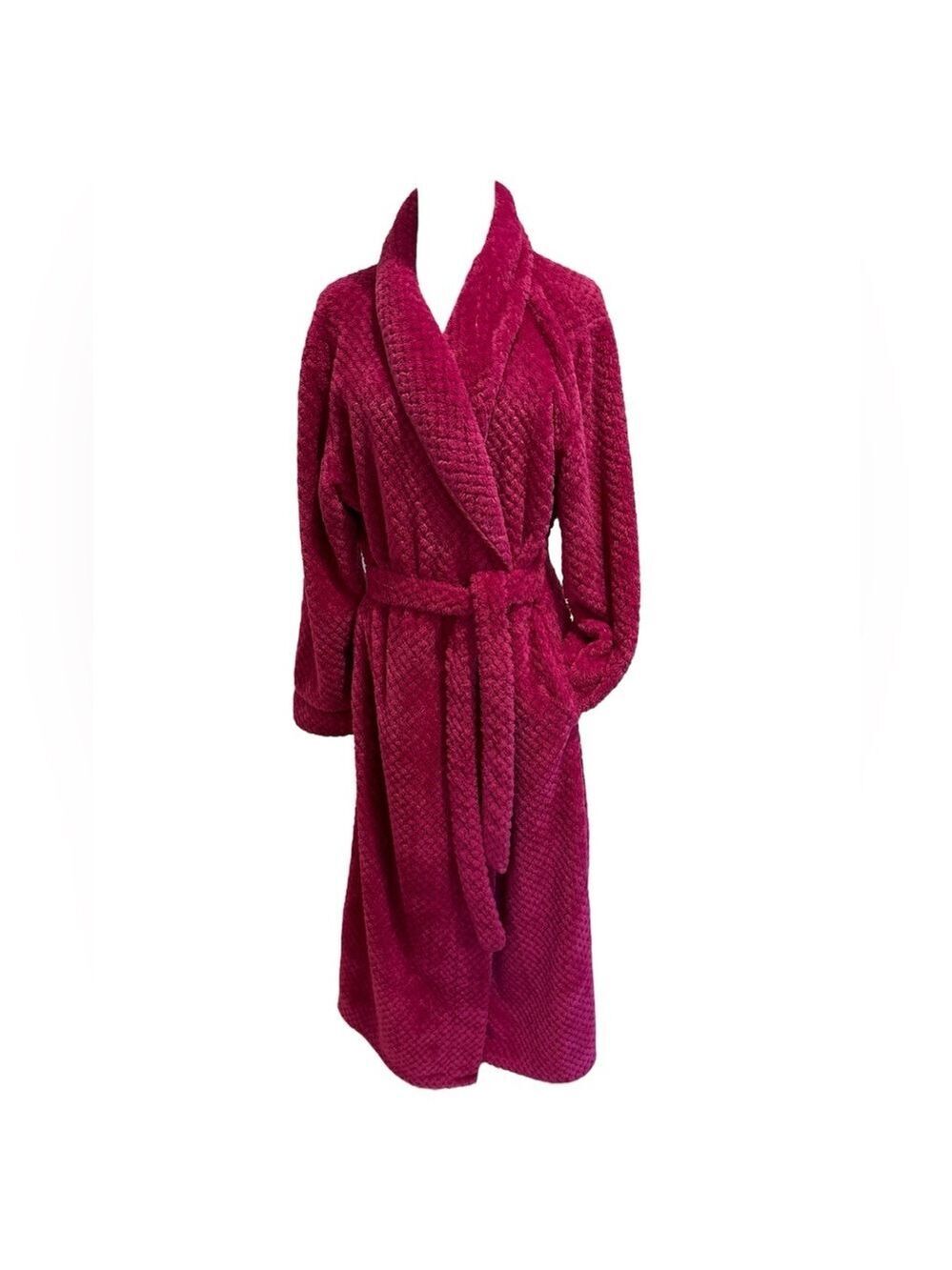 90s PLUSH RASPBERRY MAXI ROBE STIPPLED DIAMOND DESIGN W SATIN PIPING COZY SZ XL